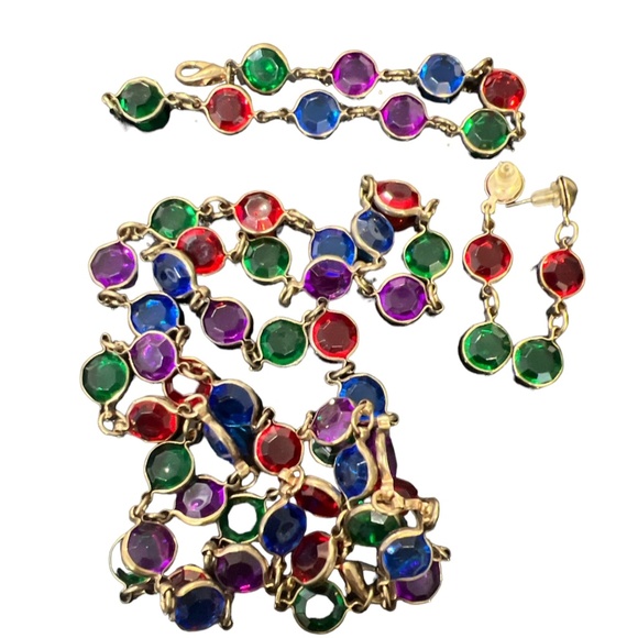 Vintage Long Caged Multicolour Crystals Necklace Bracelet Dangling Earrings 90's - Picture 2 of 13